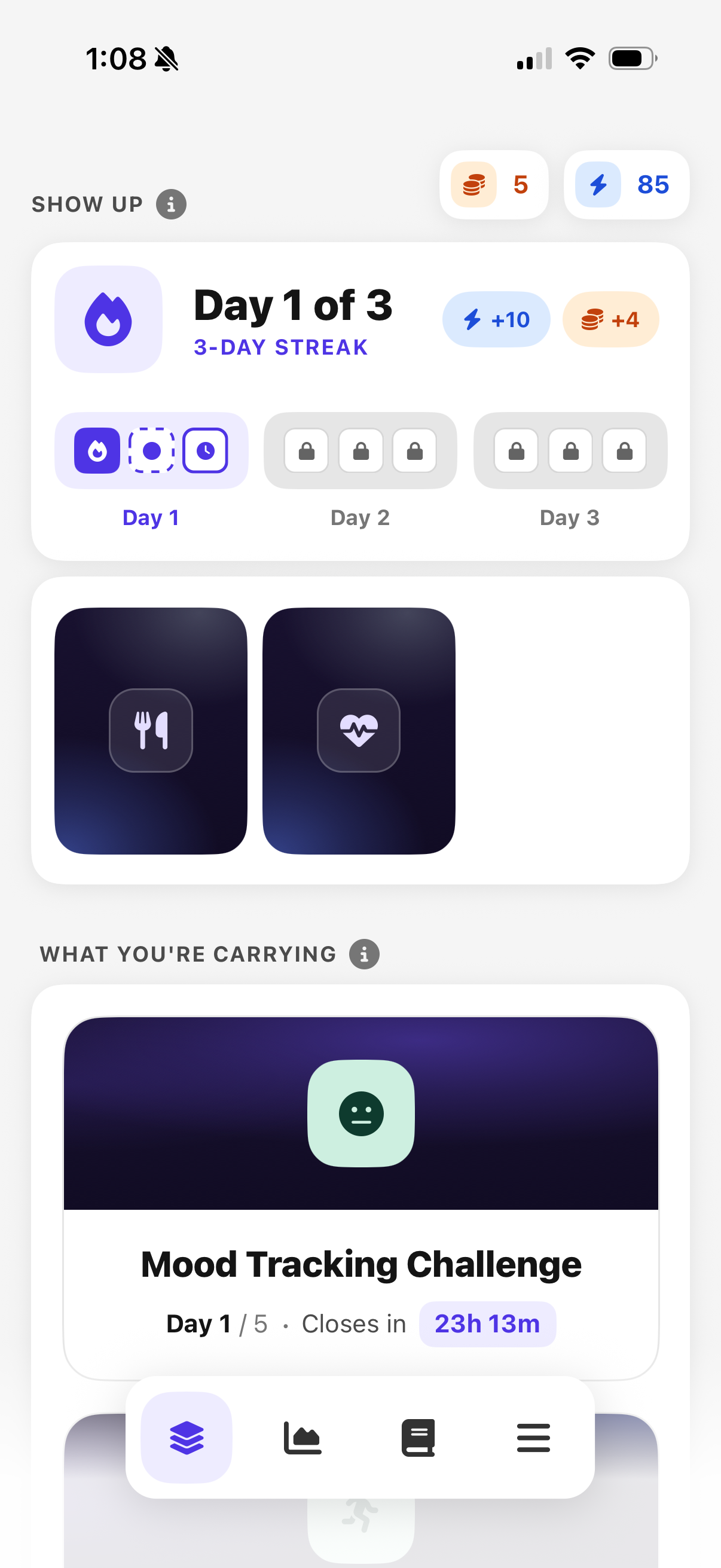 Cardeon cards screen with a 3-day streak and a mood tracking challenge